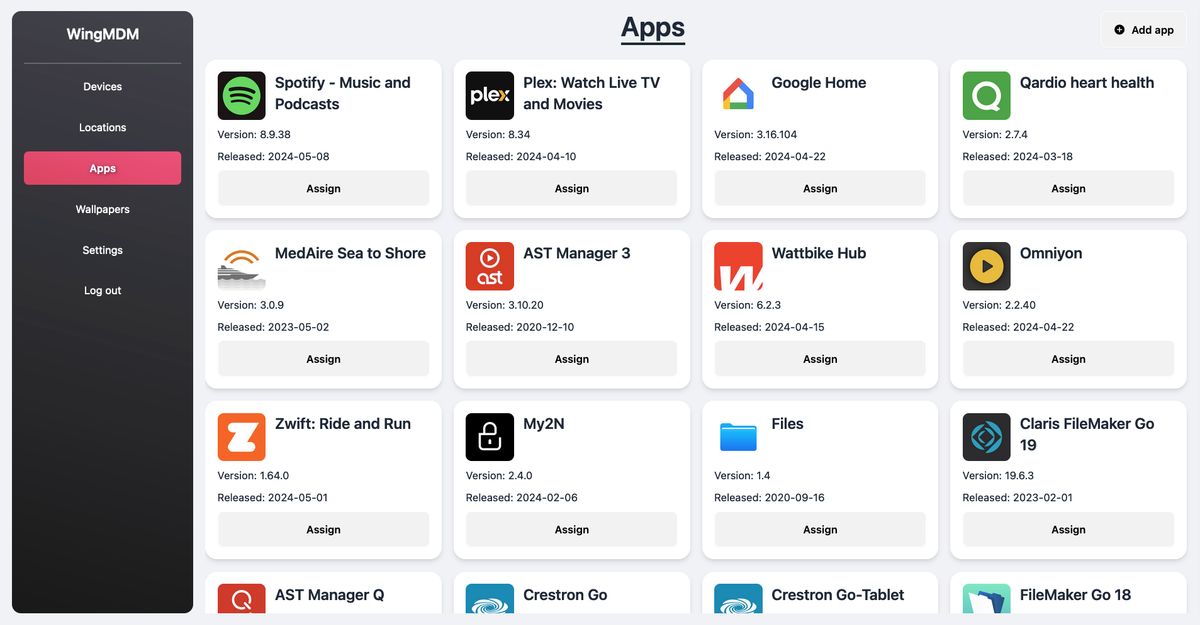 Screenshot of apps page in WingMDM