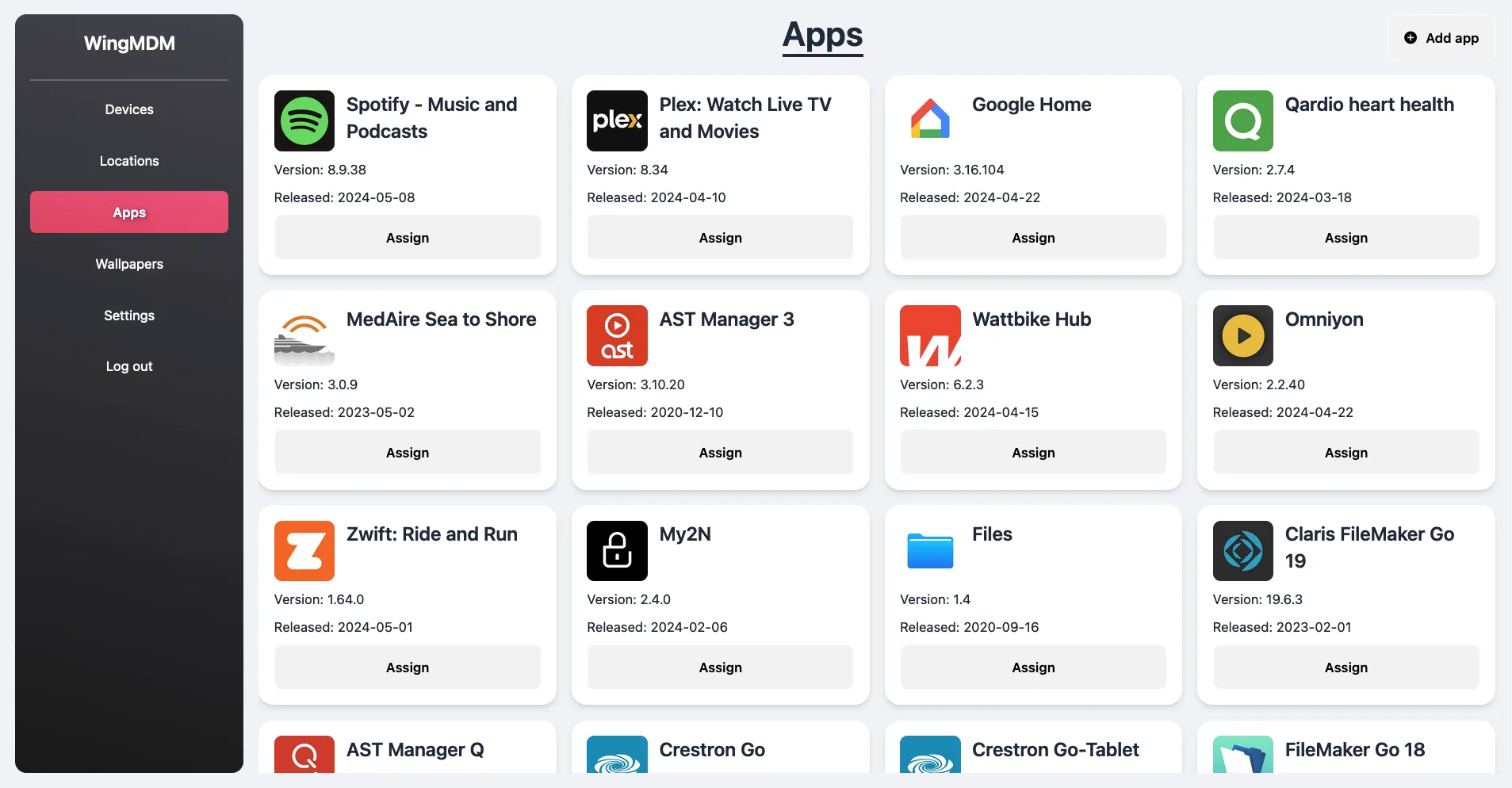 Screenshot of apps page in WingMDM