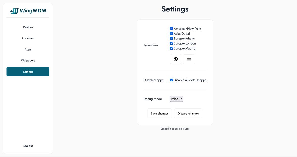 Settings page