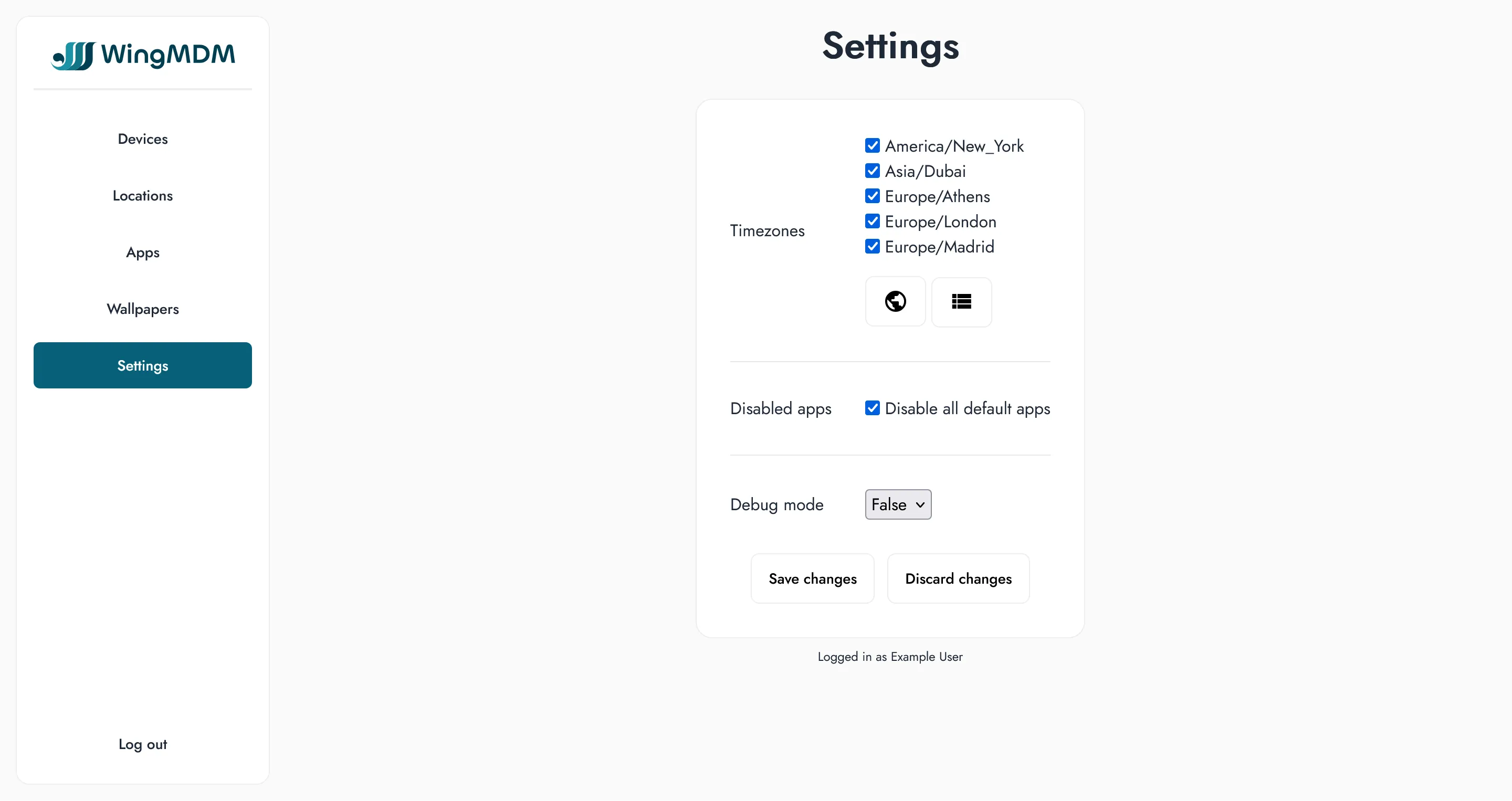 Settings page