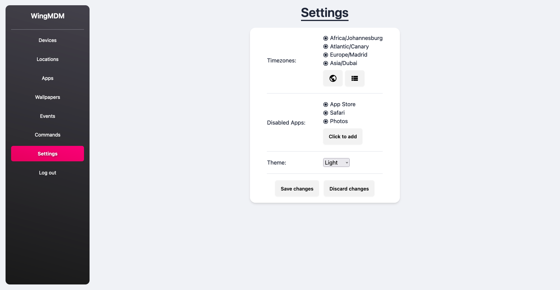 Settings page